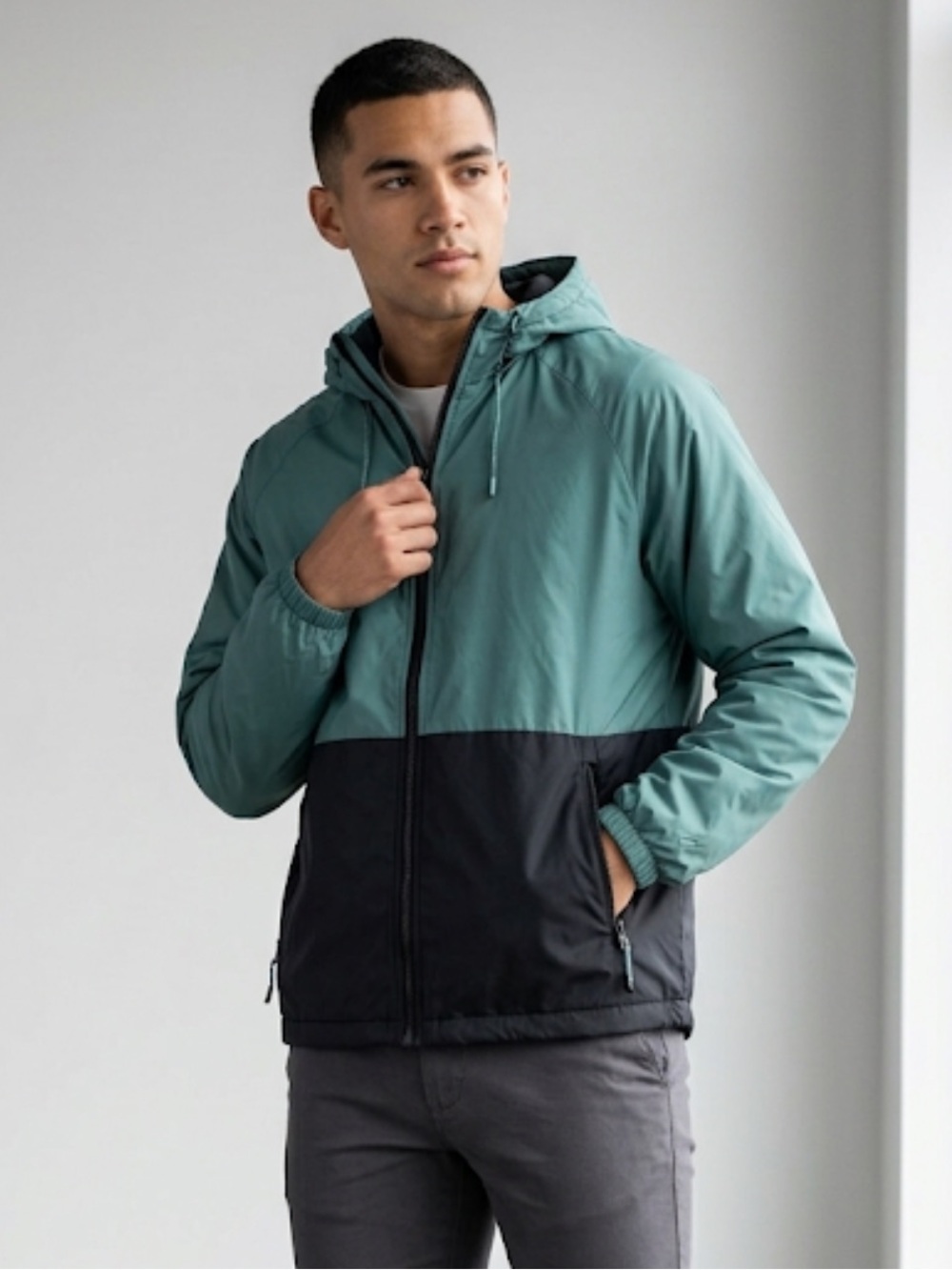 New Balance Men’s Fleece Lined Hooded Colorblock Teal Windbreaker Jacket Size M